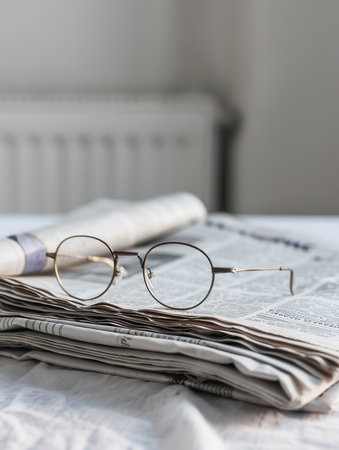 A pair of eyeglasses rests on an open book, the pages folded back to reveal the text underneath. The background is simple, with a muted gray tone.の素材