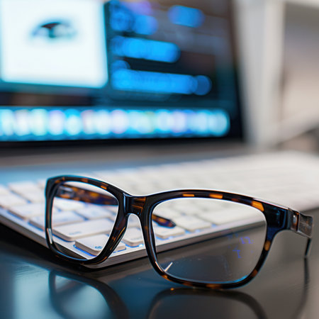 A pair of eyeglasses rest on a computer keyboard in front of a blurred computer screen. The eyeglasses have a tortoiseshell frame.の素材