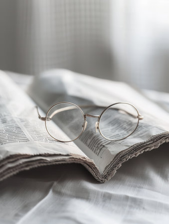 Eyeglasses rest on an open book, with a minimalist background of white fabric.の素材