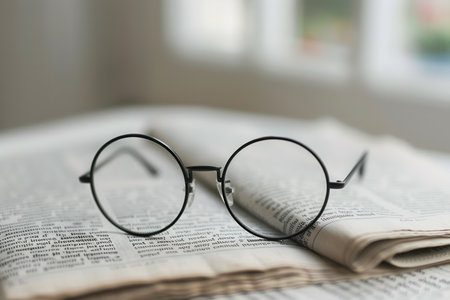 Round, black-framed eyeglasses rest on an open book with a minimalist background.の素材