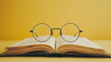 A pair of round eyeglasses rests on an open book, with a minimalist yellow background.の素材