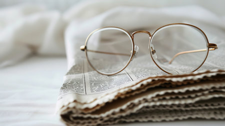 Round eyeglasses rest on a folded newspaper on a white, minimalist background.の素材