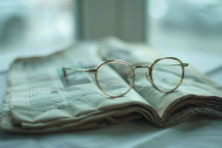 Eyeglasses sit on an open book, resting on a light, blurred background.の素材