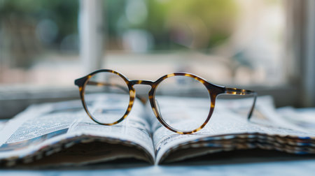 A pair of tortoise shell eyeglasses rests on an open book, the pages blurred in the background.の素材