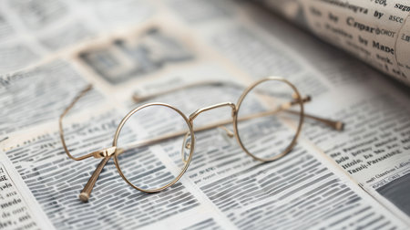 Gold-rimmed eyeglasses rest on an open book with a minimalist background of printed text.の素材