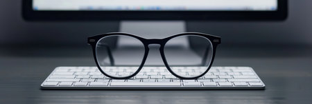 A pair of black eyeglasses rests atop a white computer keyboard, with a computer monitor out of focus in the background.の素材