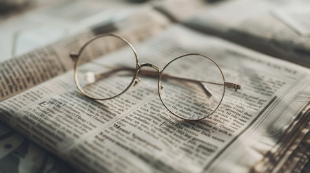 Round eyeglasses are resting on an open book with printed text.の素材