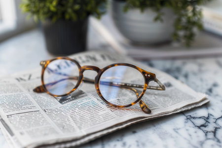 A pair of brown tortoiseshell eyeglasses rest on an open newspaper, with a blurred background.の素材