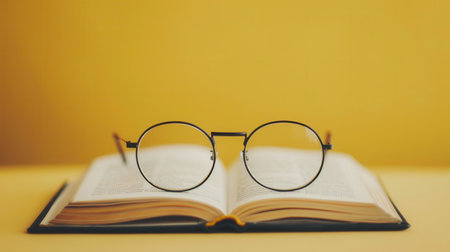 A pair of eyeglasses sits on an open book against a minimalist yellow background.の素材