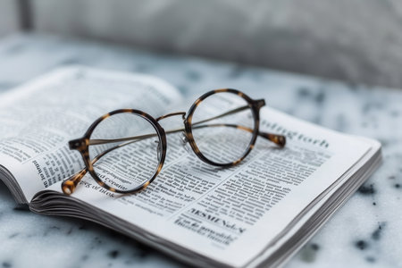 Round tortoiseshell eyeglasses rest on an open book with a blurred background.の素材