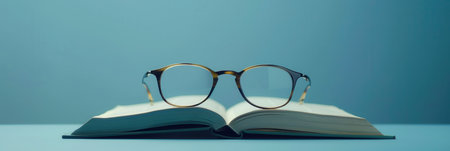 A pair of eyeglasses rests on an open book against a teal background.の素材