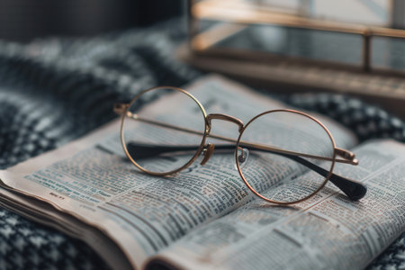 Round eyeglasses with gold frames sit on a page of an open book, a textured fabric background is partially visible in the background.の素材