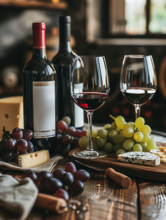 Two wine glasses filled with red wine sit on a wooden table, alongside two bottles of wine and a selection of cheese and grapes.の素材