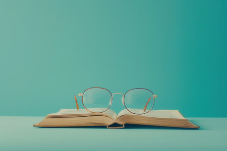Eyeglasses rest on an open book against a blue background.の素材
