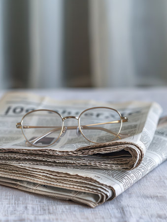 A pair of eyeglasses lies on a stack of folded newspaper on a minimalist background.の素材