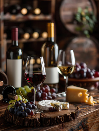 A wooden table with wine glasses, wine bottles, cheese, and grapes in a cozy cellar setting.の素材