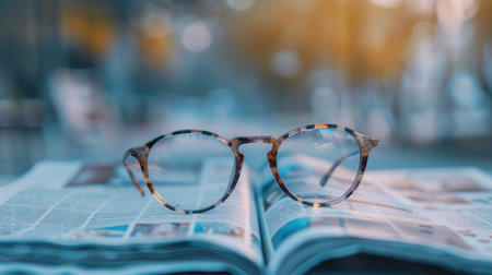 Eyeglasses with tortoise shell frames rest on an open book against a soft, blurred background.の素材