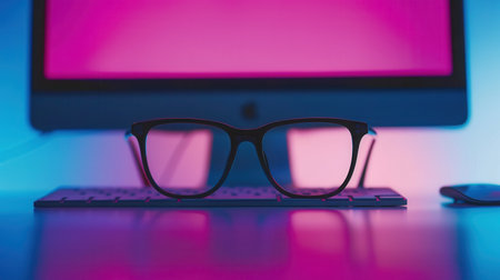 A pair of black eyeglasses sits on a keyboard in front of a computer monitor with a pink and blue background.の素材