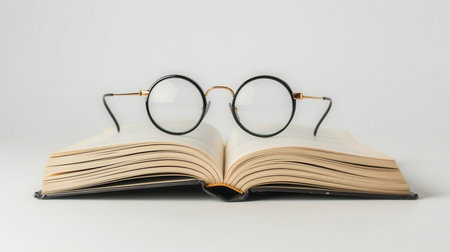 A book with pages open lies flat on a white background. A pair of round eyeglasses sits atop the book.の素材