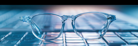 A pair of clear eyeglasses rest on a laptop keyboard. The background is blue and white, suggesting daylight.の素材