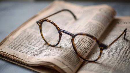 Eyeglasses rest on a page of an open book. The background is simple and blurred.の素材