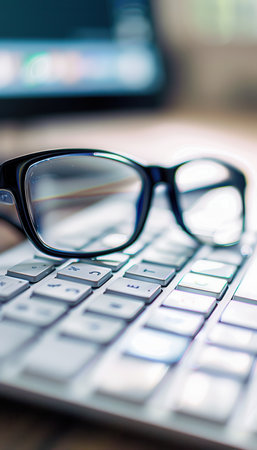 Black eyeglasses are resting on a white computer keyboard.の素材