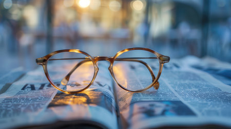 Eyeglasses sit on an open book, the background blurred.の素材