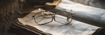 Eyeglasses are resting on top of an open book, with the text of the book visible in the background.の素材