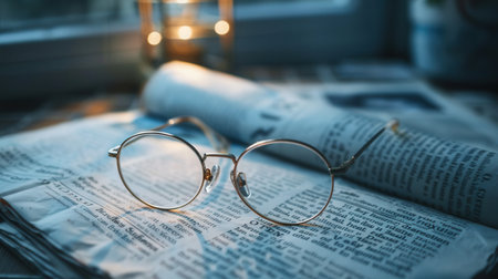 Round eyeglasses rest on an open book with a blurry background.の素材