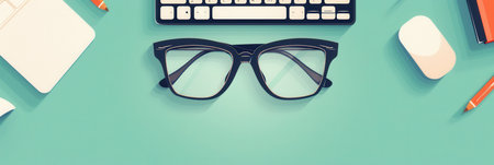 A pair of black eyeglasses sits on a clean, green desk. A keyboard and mouse are visible in the background, suggesting a workspace.の素材
