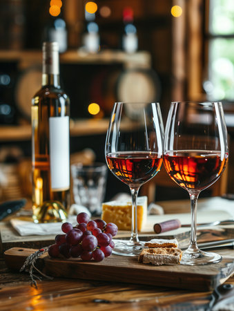 Two glasses of red wine are filled to the brim, resting on a wooden table alongside a cheeseboard with grapes and crackers. A bottle of white wine sits behind.の素材