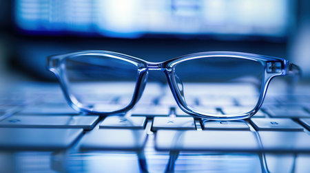 Eyeglasses lie on a computer keyboard, with a blurred computer screen in the background.の素材
