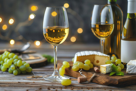 Two glasses of white wine, a bottle of wine, and a cheese platter with grapes on a wooden table, illuminated by string lights.の素材