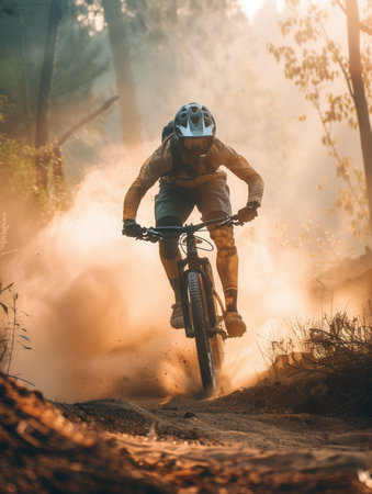 A professional cyclist rides an enduro trail bike on a dusty terrain, kicking up a cloud of dirt as they navigate the challenging course.の素材