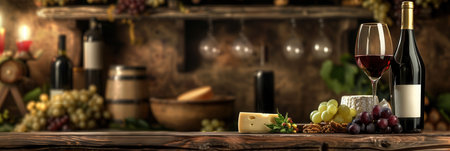 A glass of red wine, a bottle of wine, and cheese are arranged on a wooden table in a dimly lit cellar setting.の素材