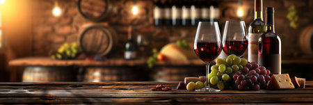 Two glasses of red wine sit on a wooden table in a wine cellar, surrounded by cheese, grapes, and wine bottles.の素材