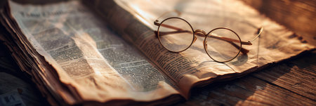 A book with aged pages lays open on a wooden surface, with eyeglasses resting on the open pages. Sunlight shines on the scene.の素材