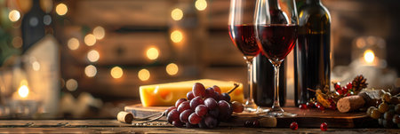A rustic wooden table with two glasses of red wine, a bottle of wine, cheese, grapes, and a cozy, candlelit ambiance.の素材