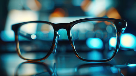 Eyeglasses sit on a keyboard, reflecting the blue light emanating from a computer screen.の素材