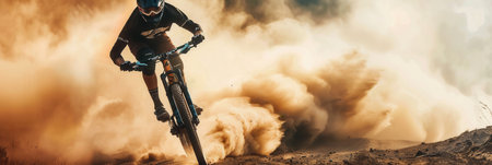 A professional cyclist rides an enduro trail bike on a dusty terrain trail, kicking up a cloud of dirt behind them as they navigate a challenging section.の素材