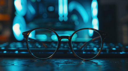 Eyeglasses rest on a keyboard, a blurred computer screen glowing blue in the background.の素材