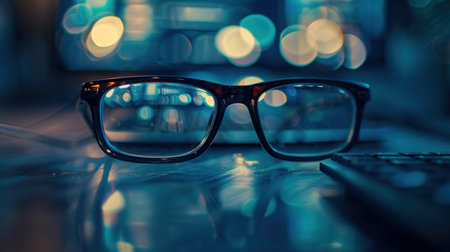 Black eyeglasses rest on a desk in front of a computer screen, illuminated by the soft glow of the screen's light, reflecting off the desk's surface.の素材