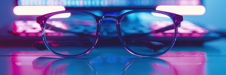 Eyeglasses sit on a desk in front of a computer screen with a blurred background of pink and blue lighting.の素材