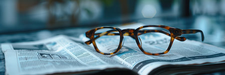 A pair of tortoise shell eyeglasses rest on an open newspaper with a minimalist background.の素材