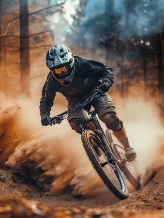 A professional cyclist navigates a winding trail on an enduro bike, kicking up a cloud of dust.の素材