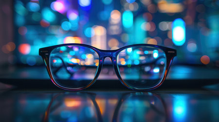 A pair of eyeglasses sit on a desk, reflecting the blue light emanating from a nearby computer screen.の素材