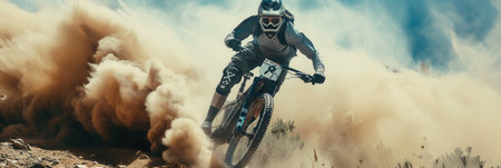 A professional cyclist navigates a dusty trail on an enduro bike, kicking up a cloud of dust behind them.の素材
