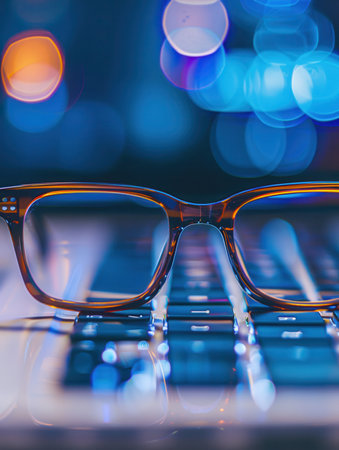 A pair of eyeglasses rests on the keyboard of a laptop. The keyboard is illuminated by a blue glow, and the background is out of focus with blue and orange bokeh lights.の素材