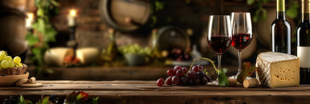 Two glasses of red wine, bottles of wine, and a wedge of cheese sit on a wooden table in front of a rustic backdrop, suggesting a relaxing and enjoyable wine tasting experience.の素材