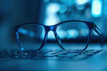 A pair of eyeglasses rest on a keyboard with a blurred computer screen behind them.の素材